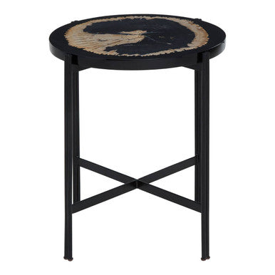 Black Petrified Wood Top Side Table With Cross-Base Legs, Relic