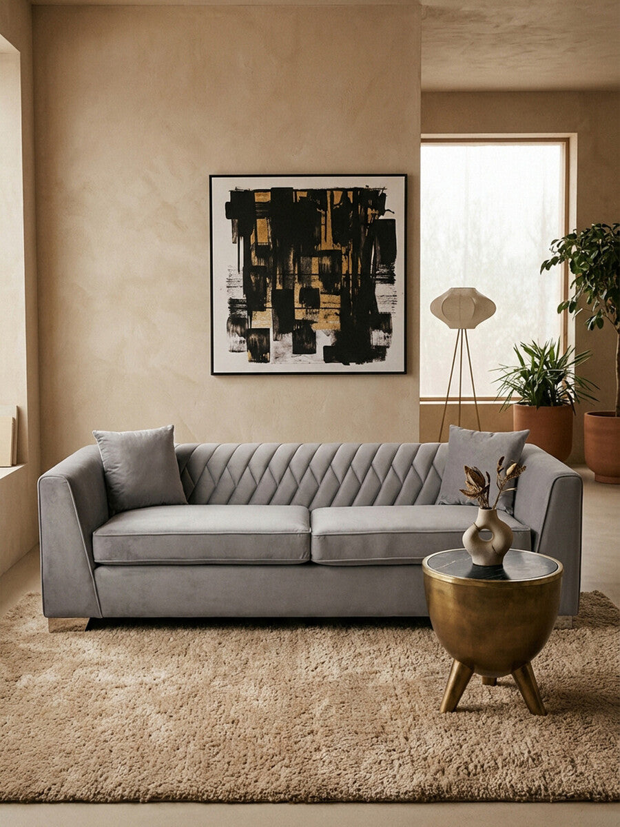 3 Seat Grey Velvet Sofa, Rashika