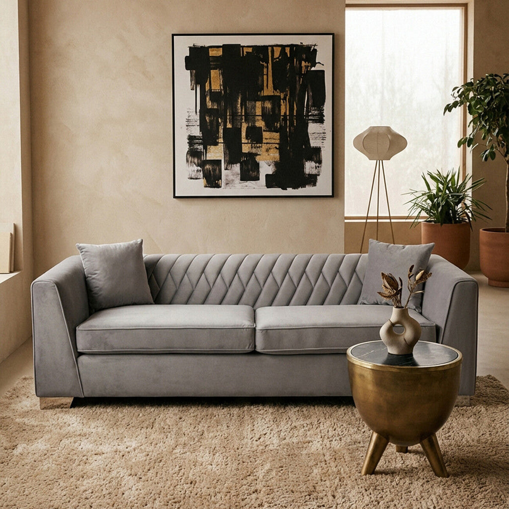 3 Seat Grey Velvet Sofa, Rashika