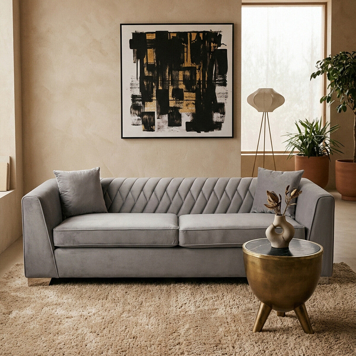 3 Seat Grey Velvet Sofa, Rashika
