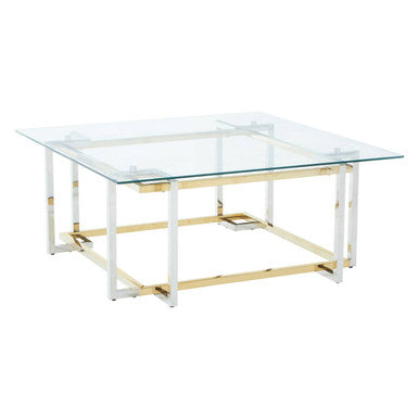 Clear Tempered Glass Top Coffee Table With Silver & Gold Stainless Steel Base, Elino