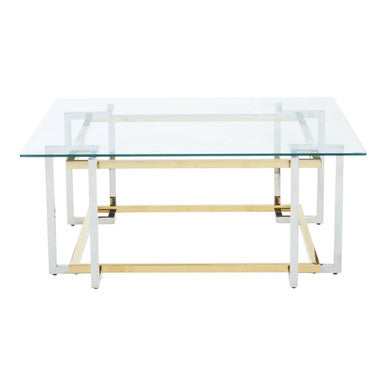 Clear Tempered Glass Top Coffee Table With Silver & Gold Stainless Steel Base, Elino