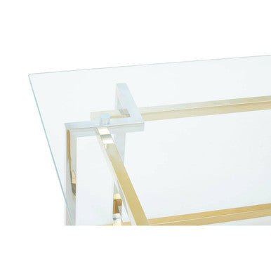 Clear Tempered Glass Top Coffee Table With Silver & Gold Stainless Steel Base, Elino