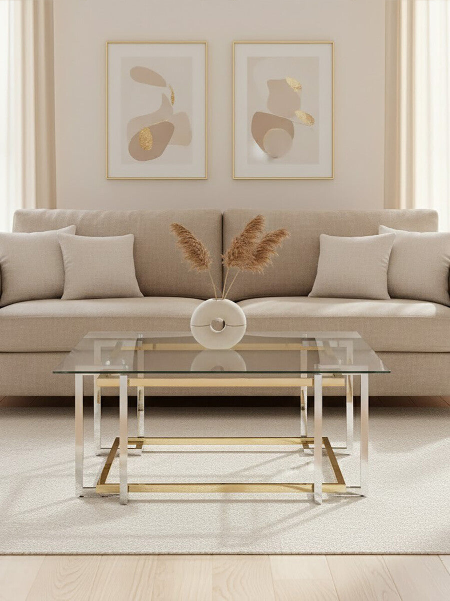 Clear Tempered Glass Top Coffee Table With Silver & Gold Stainless Steel Base, Elino