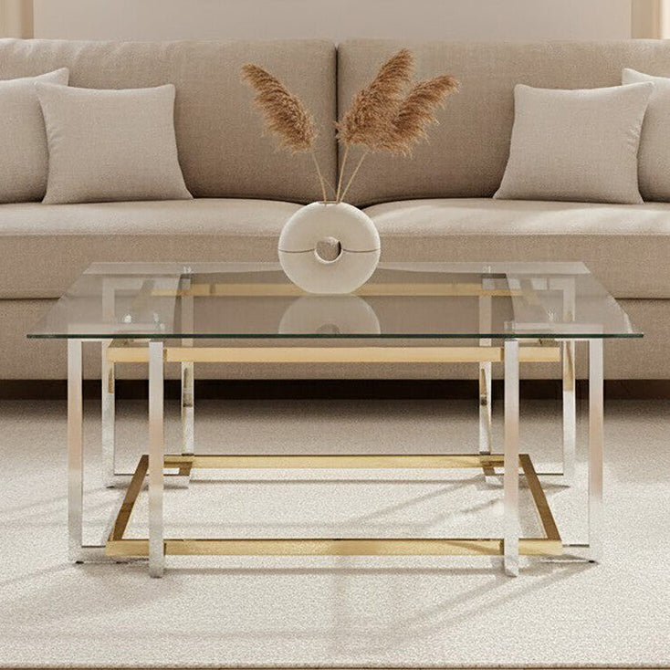 Clear Tempered Glass Top Coffee Table With Silver & Gold Stainless Steel Base, Elino