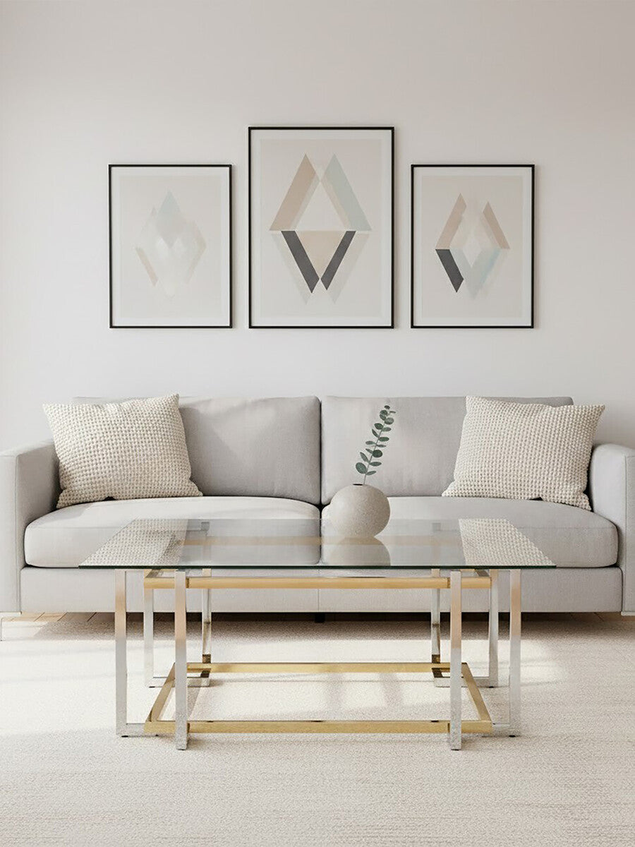 Clear Tempered Glass Top Coffee Table With Silver & Gold Stainless Steel Base, Elino
