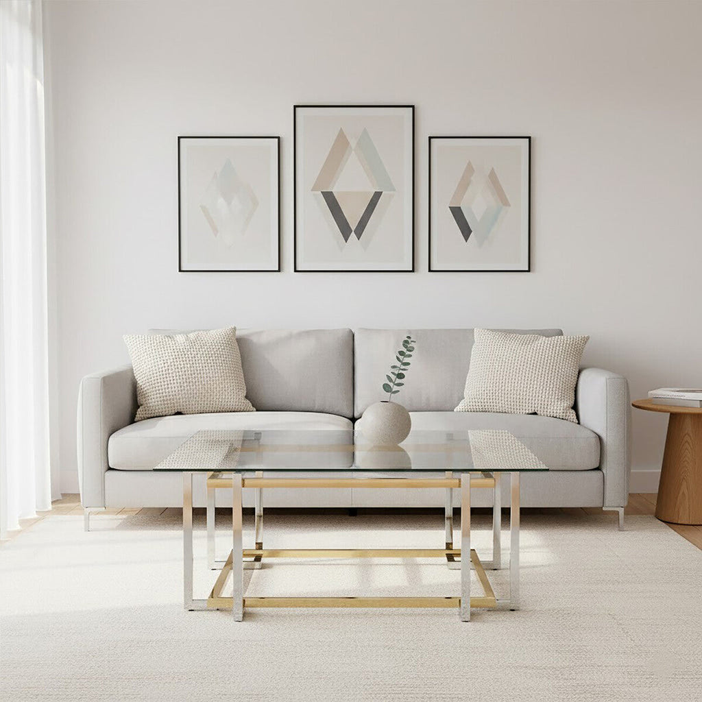 Clear Tempered Glass Top Coffee Table With Silver & Gold Stainless Steel Base, Elino