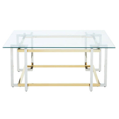 Clear Tempered Glass Top Coffee Table With Silver & Gold Stainless Steel Base, Elino