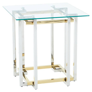 Clear Tempered Glass Top Side Table With Silver & Gold Stainless Steel Base, Elino
