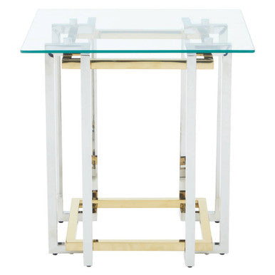 Clear Tempered Glass Top Side Table With Silver & Gold Stainless Steel Base, Elino