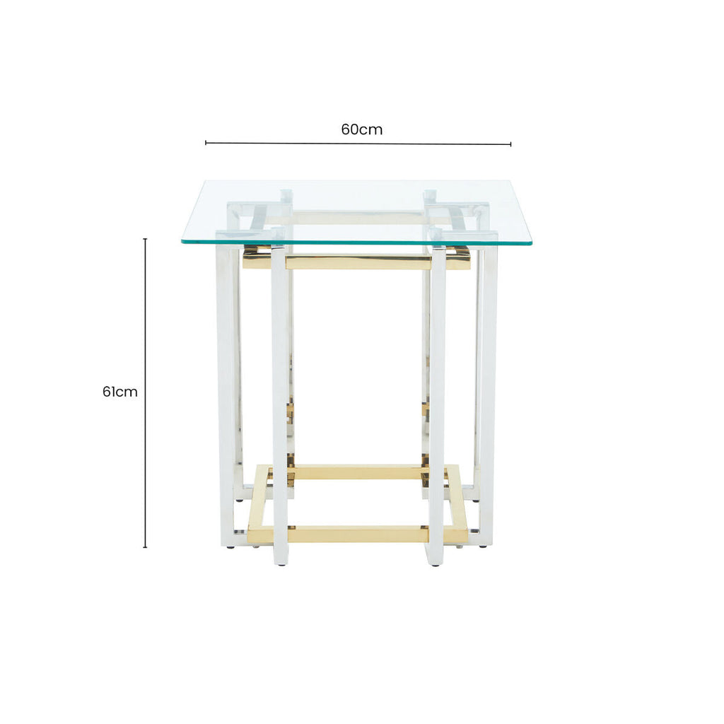 Clear Tempered Glass Top Side Table With Silver & Gold Stainless Steel Base, Elino