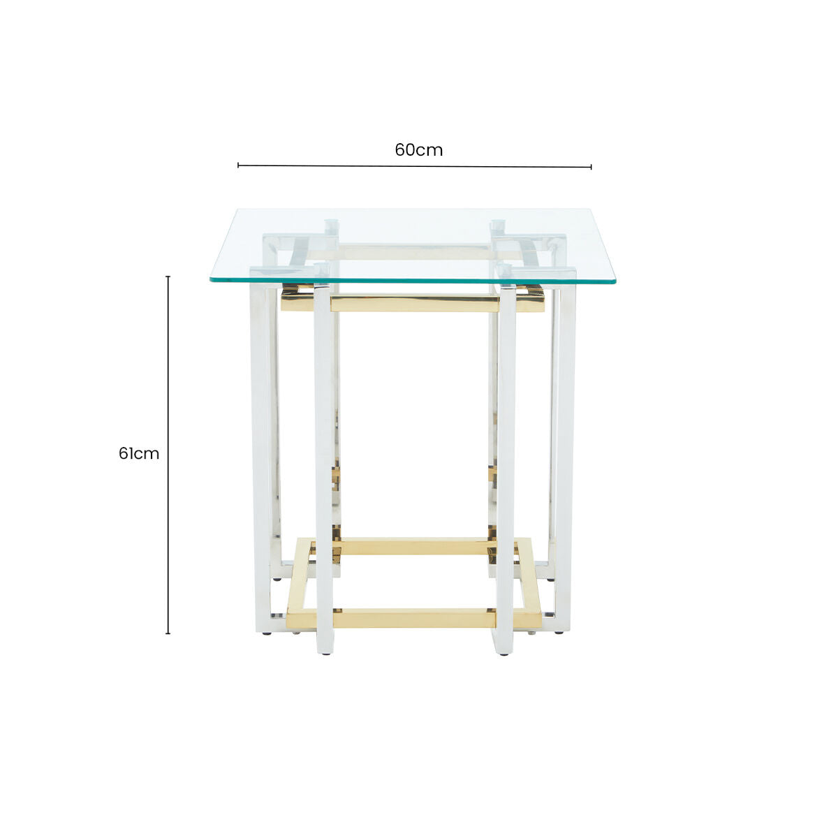 Clear Tempered Glass Top Side Table With Silver & Gold Stainless Steel Base, Elino