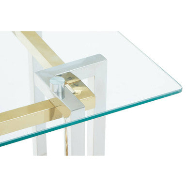 Clear Tempered Glass Top Side Table With Silver & Gold Stainless Steel Base, Elino