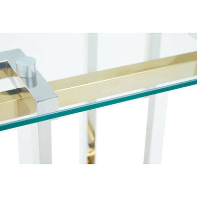 Clear Tempered Glass Top Side Table With Silver & Gold Stainless Steel Base, Elino