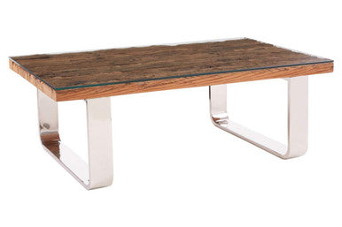 Natural Wood & Clear Glass Top Coffee Table With Silver U-Shaped Metal Legs, Kerala