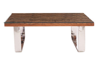 Natural Wood & Clear Glass Top Coffee Table With Silver U-Shaped Metal Legs, Kerala
