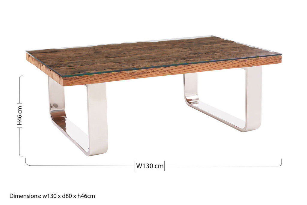 Natural Wood & Clear Glass Top Coffee Table With Silver U-Shaped Metal Legs, Kerala