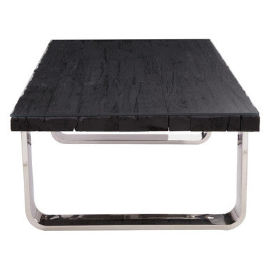 Black Wood & Clear Glass Top Coffee Table With Silver U-Shaped Metal Legs, Kerala