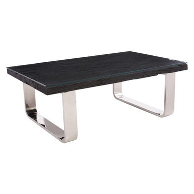 Black Wood & Clear Glass Top Coffee Table With Silver U-Shaped Metal Legs, Kerala
