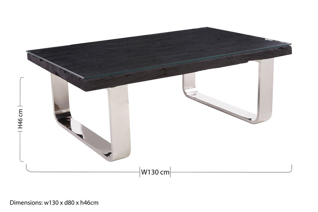 Black Wood & Clear Glass Top Coffee Table With Silver U-Shaped Metal Legs, Kerala