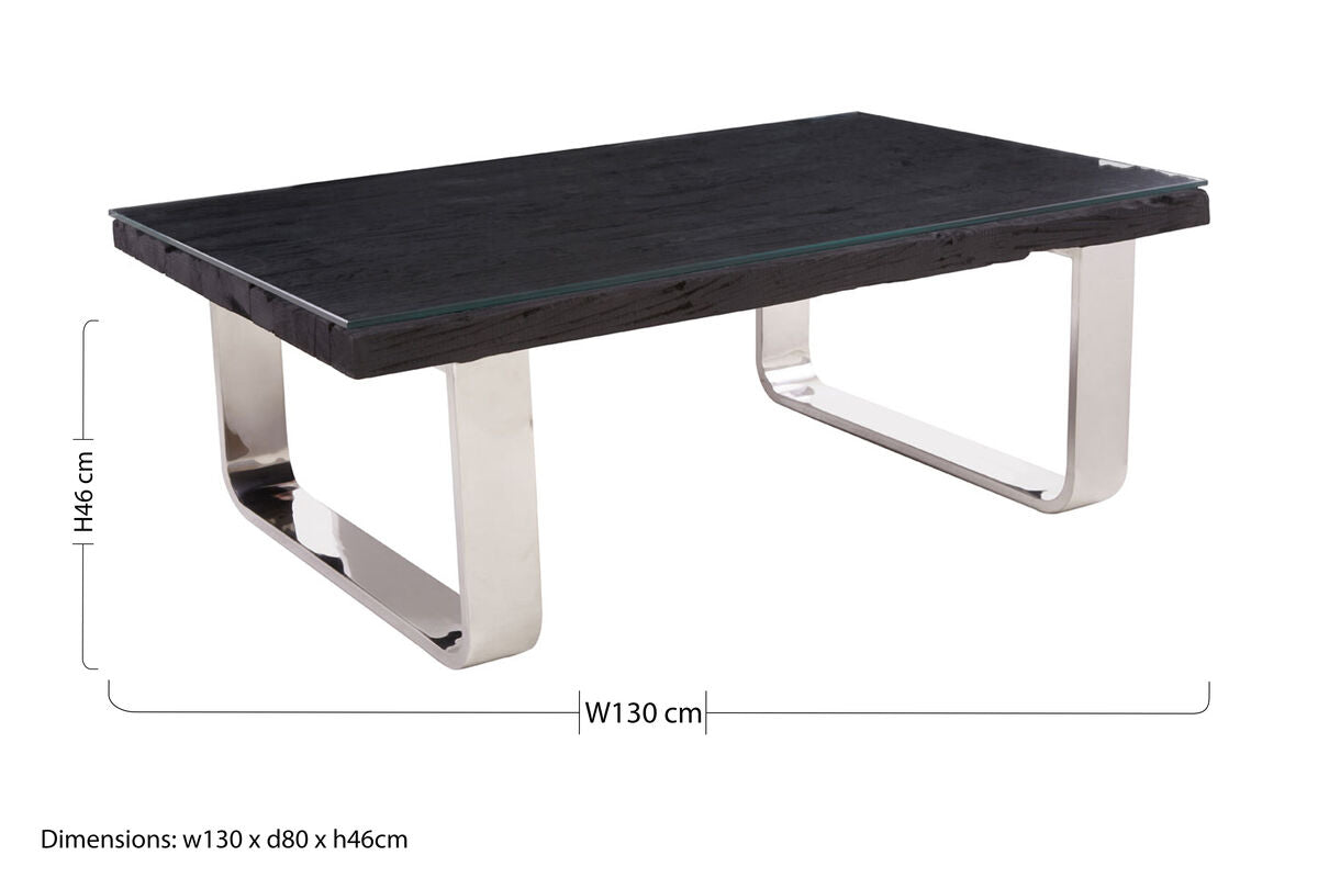 Black Wood & Clear Glass Top Coffee Table With Silver U-Shaped Metal Legs, Kerala