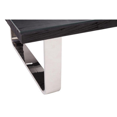 Black Wood & Clear Glass Top Coffee Table With Silver U-Shaped Metal Legs, Kerala