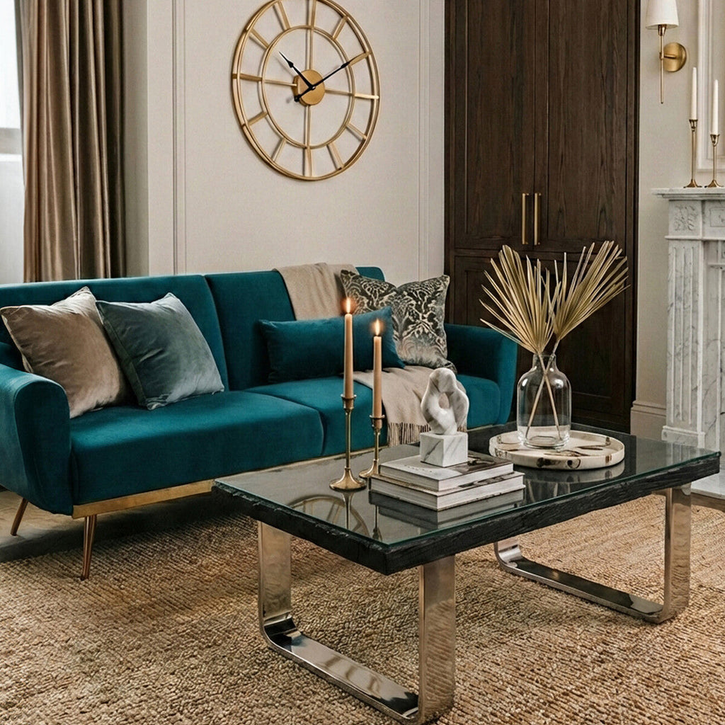 Black Wood & Clear Glass Top Coffee Table With Silver U-Shaped Metal Legs, Kerala