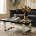 Black Wood & Clear Glass Top Coffee Table With Silver U-Shaped Metal Legs, Kerala