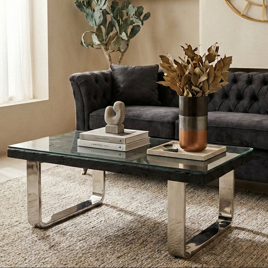Black Wood & Clear Glass Top Coffee Table With Silver U-Shaped Metal Legs, Kerala