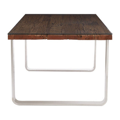 Natural Wood & Clear Glass Top Dining Table With Silver U-Shaped Metal Legs, Kerala