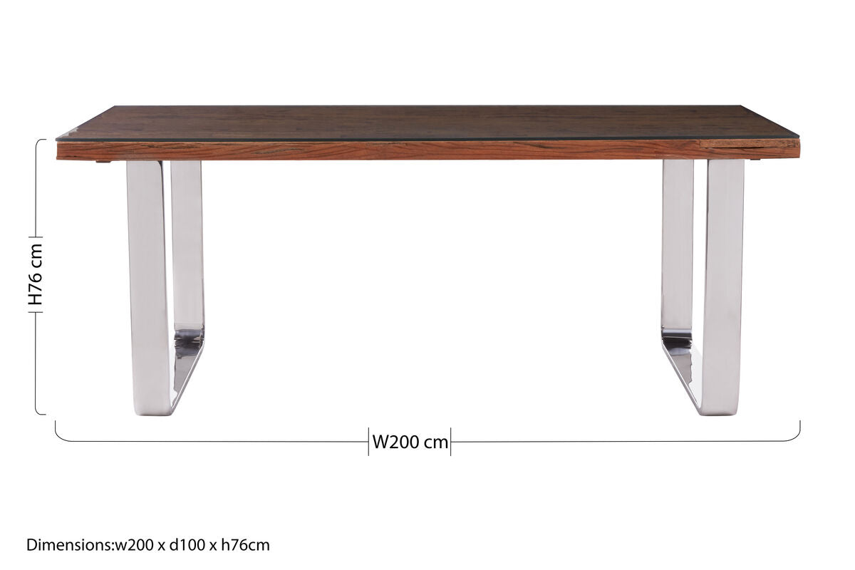 Natural Wood & Clear Glass Top Dining Table With Silver U-Shaped Metal Legs, Kerala