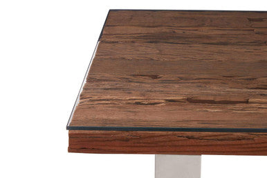 Natural Wood & Clear Glass Top Dining Table With Silver U-Shaped Metal Legs, Kerala