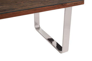 Natural Wood & Clear Glass Top Dining Table With Silver U-Shaped Metal Legs, Kerala
