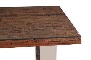 Natural Wood & Clear Glass Top Dining Table With Silver U-Shaped Metal Legs, Kerala