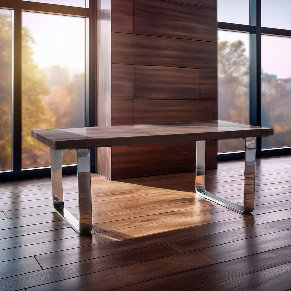 Natural Wood & Clear Glass Top Dining Table With Silver U-Shaped Metal Legs, Kerala
