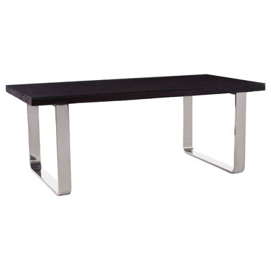 Large Black Pinewood & Clear Glass Top Dining Table With Silver U-Shaped Metal Legs, Kerala