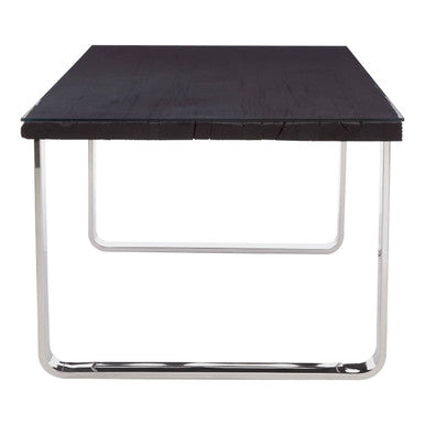 Large Black Pinewood & Clear Glass Top Dining Table With Silver U-Shaped Metal Legs, Kerala