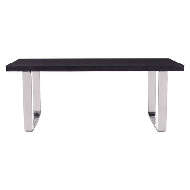 Large Black Pinewood & Clear Glass Top Dining Table With Silver U-Shaped Metal Legs, Kerala