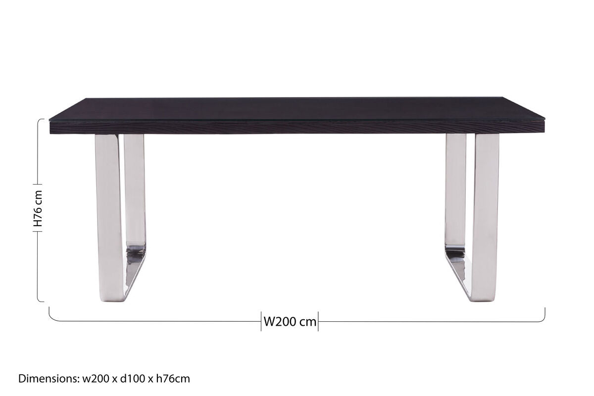 Large Black Pinewood & Clear Glass Top Dining Table With Silver U-Shaped Metal Legs, Kerala