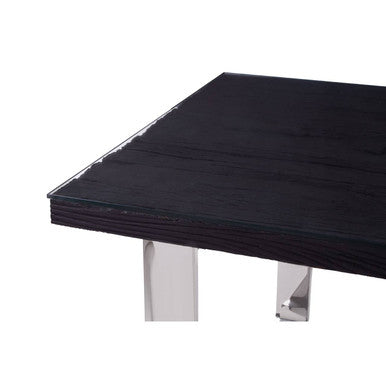 Large Black Pinewood & Clear Glass Top Dining Table With Silver U-Shaped Metal Legs, Kerala