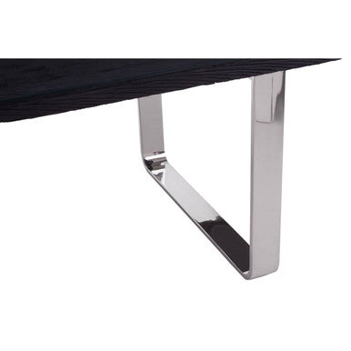 Large Black Pinewood & Clear Glass Top Dining Table With Silver U-Shaped Metal Legs, Kerala