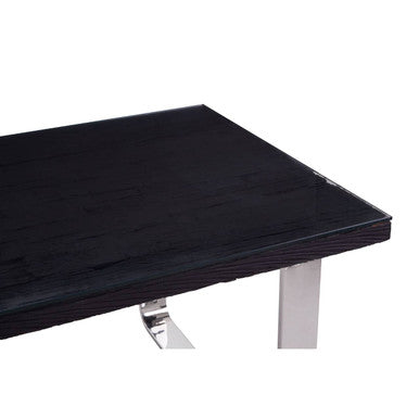 Large Black Pinewood & Clear Glass Top Dining Table With Silver U-Shaped Metal Legs, Kerala