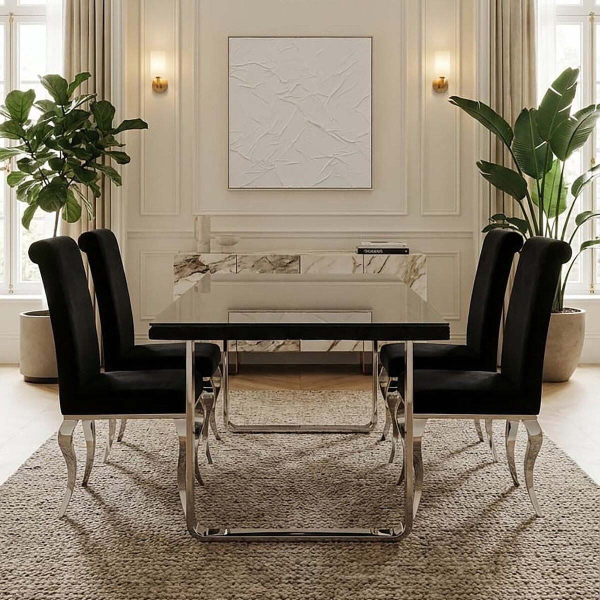 Large Black Pinewood & Clear Glass Top Dining Table With Silver U-Shaped Metal Legs, Kerala