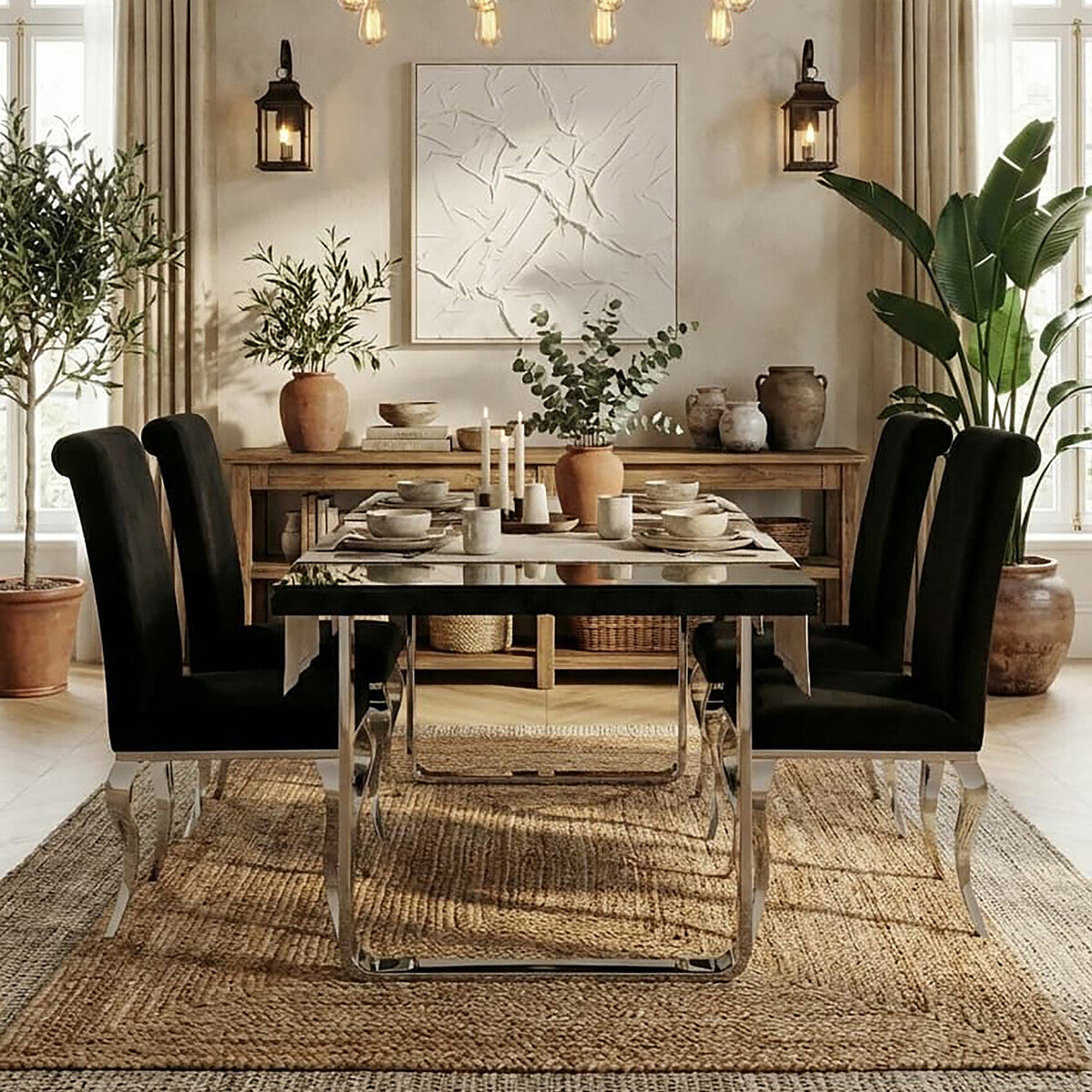 Large Black Pinewood & Clear Glass Top Dining Table With Silver U-Shaped Metal Legs, Kerala