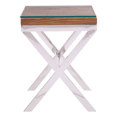 Natural Sal Wood & Clear Glass Top Side Table With White Crossed Legs, Kerala