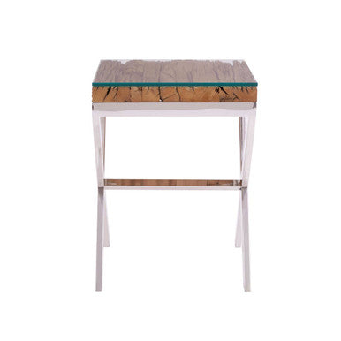 Natural Sal Wood & Clear Glass Top Side Table With White Crossed Legs, Kerala