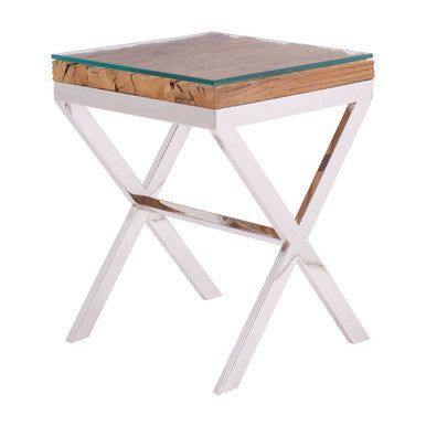 Natural Sal Wood & Clear Glass Top Side Table With White Crossed Legs, Kerala