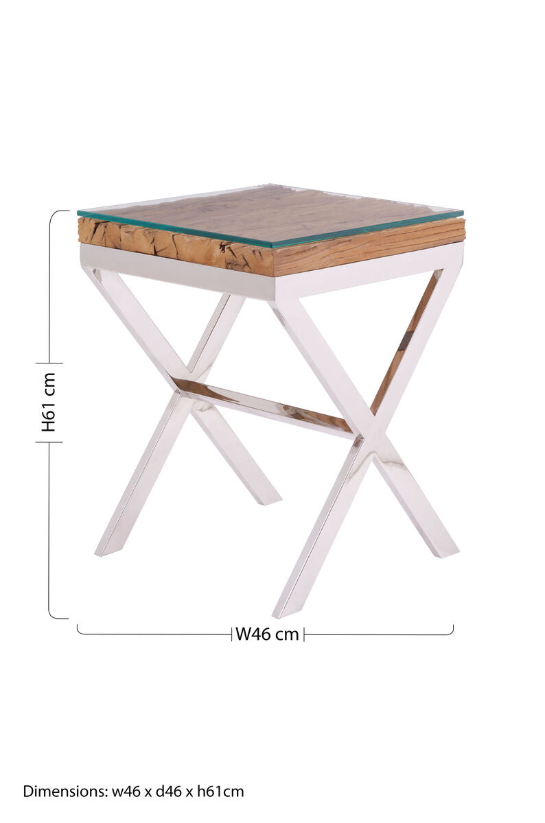 Natural Sal Wood & Clear Glass Top Side Table With White Crossed Legs, Kerala