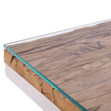 Natural Sal Wood & Clear Glass Top Side Table With White Crossed Legs, Kerala