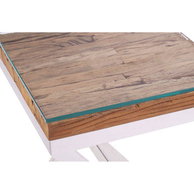 Natural Sal Wood & Clear Glass Top Side Table With White Crossed Legs, Kerala